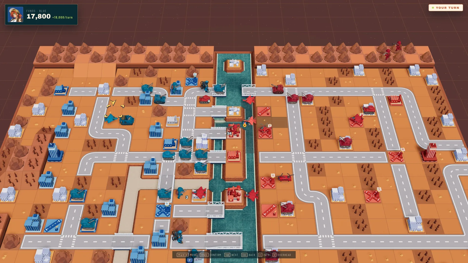Low Sun: A late turn on a desert board split by a river. Both armies fight for the bridges, with tanks and jets on each bank.