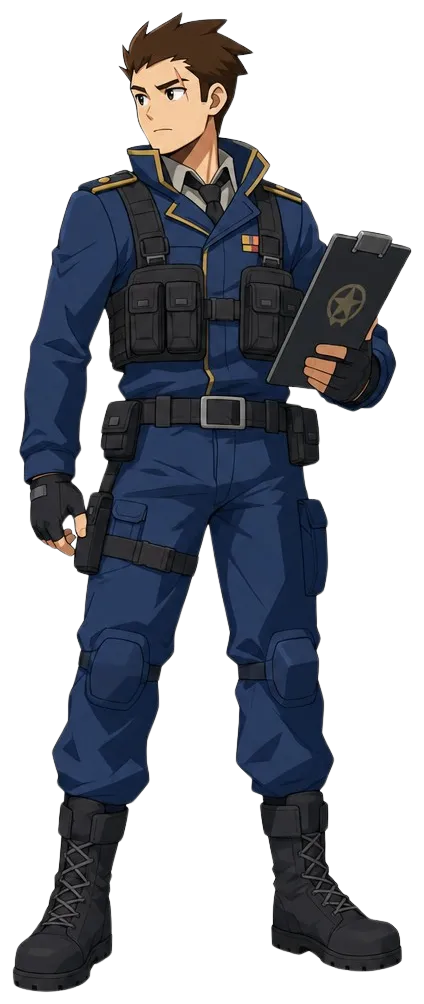 Commander Adrian Vale, full-body character art