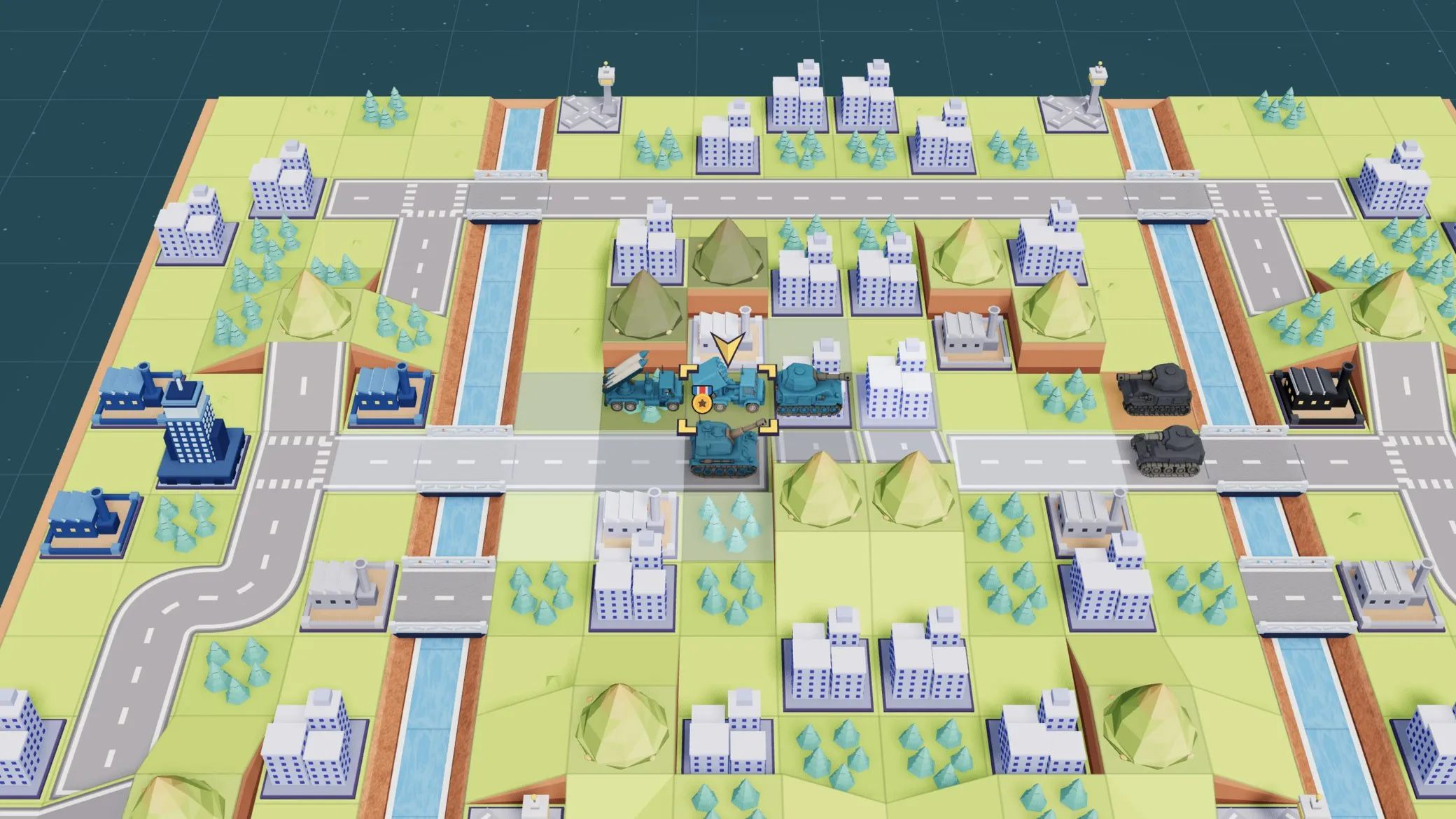 Absolute Efficiency in a Low Sun battle: Selene rides a Salvo, selected here, with a Mortar and a Sentinel beside it. Every gun in the aura reaches one tile further.